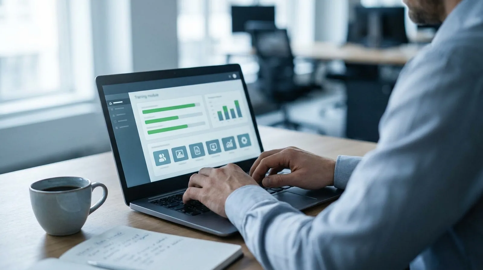 Close view of a person working through a training module on a laptop at a desk