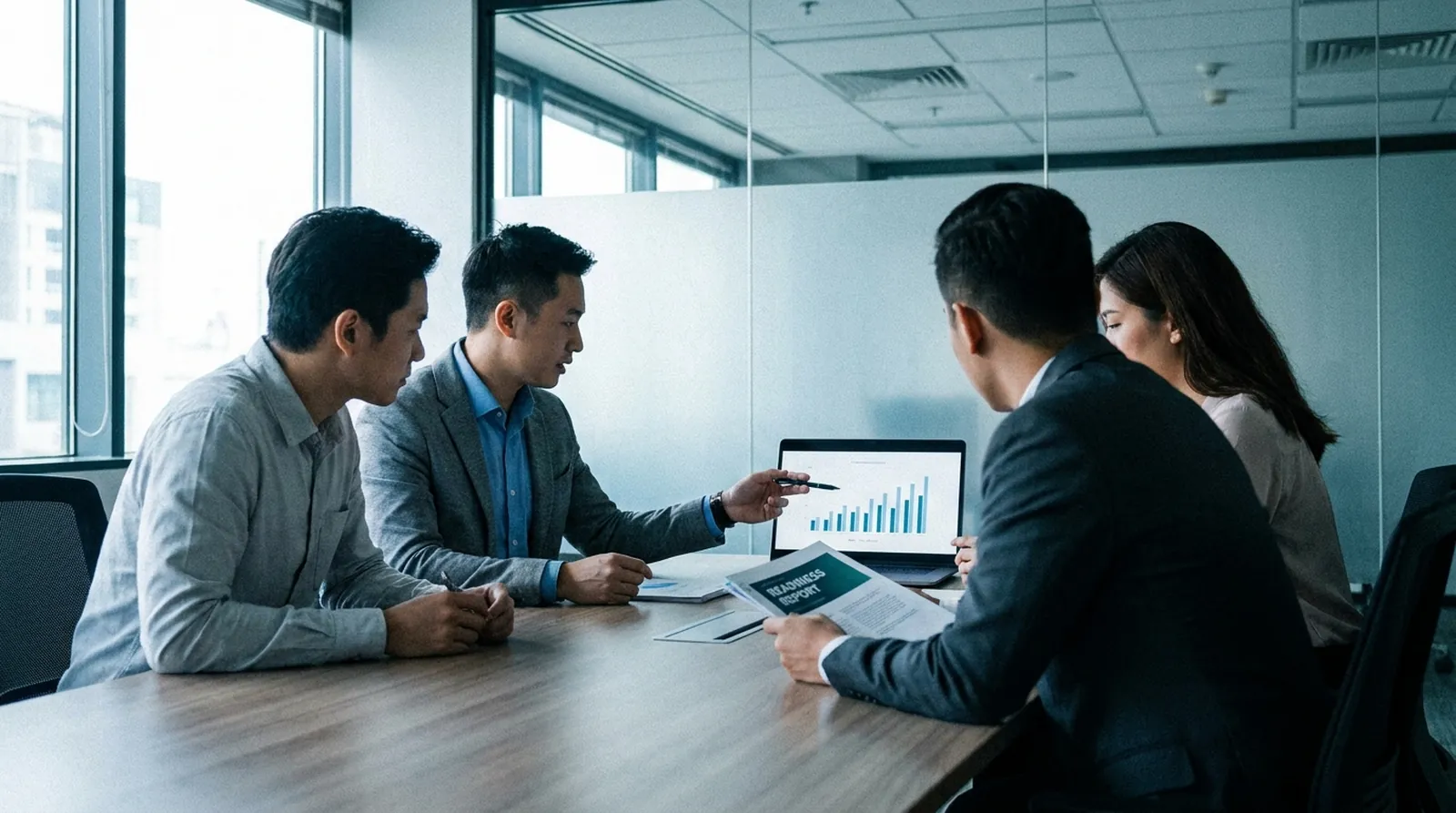 Four colleagues around a meeting table reviewing a chart on a laptop screen together