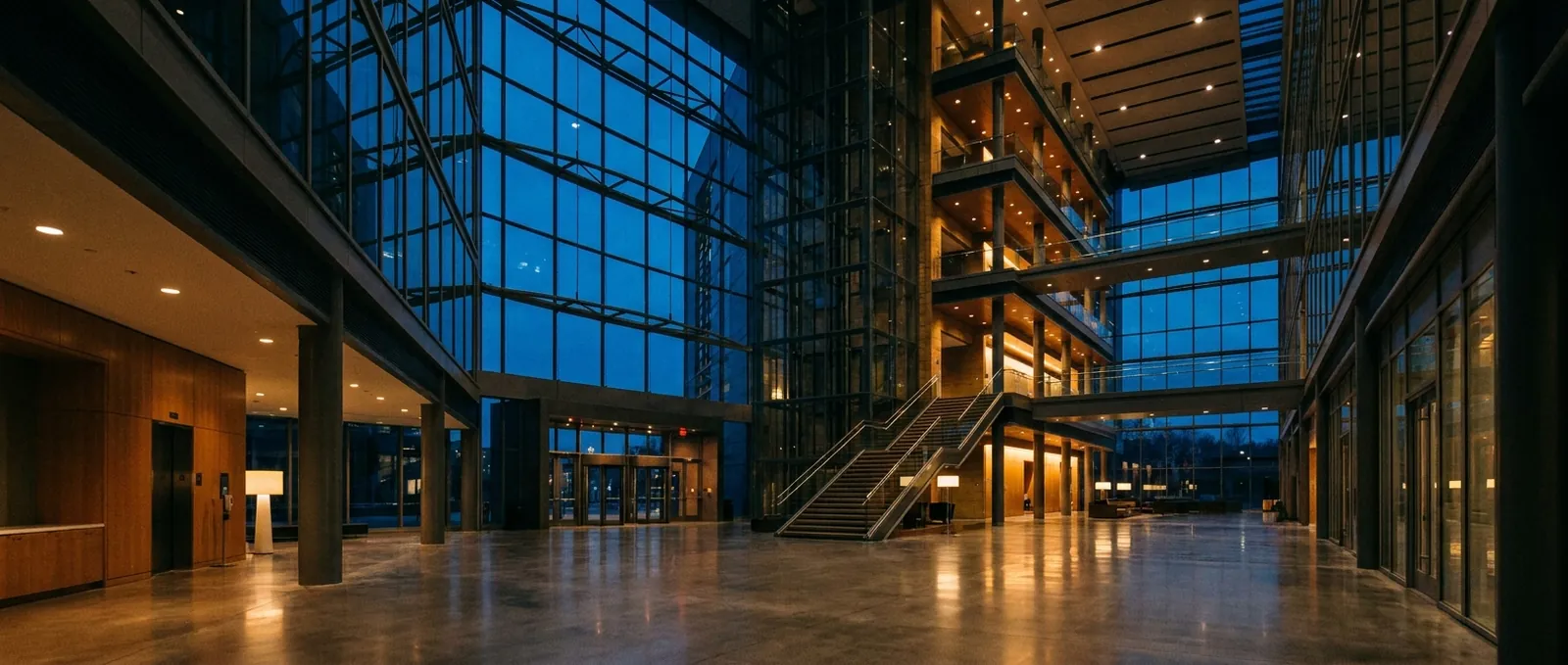 Empty lobby atrium of a corporate building at dusk, glass facade and stairs lit from within