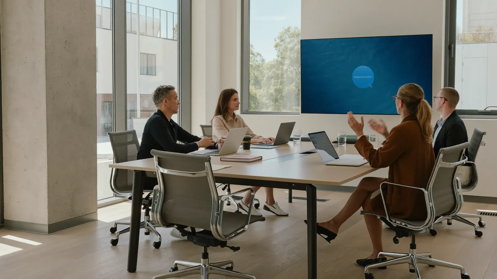 Four colleagues around a table looking at a laptop screen together, seen from the side, mid-discussion